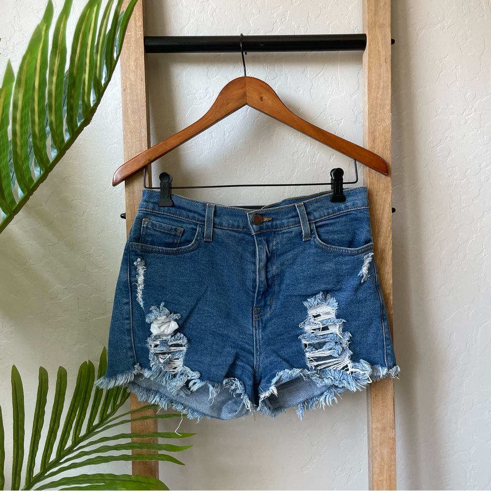 Vibrant Distressed High Rise Frayed Hem Jean Denim Shorts